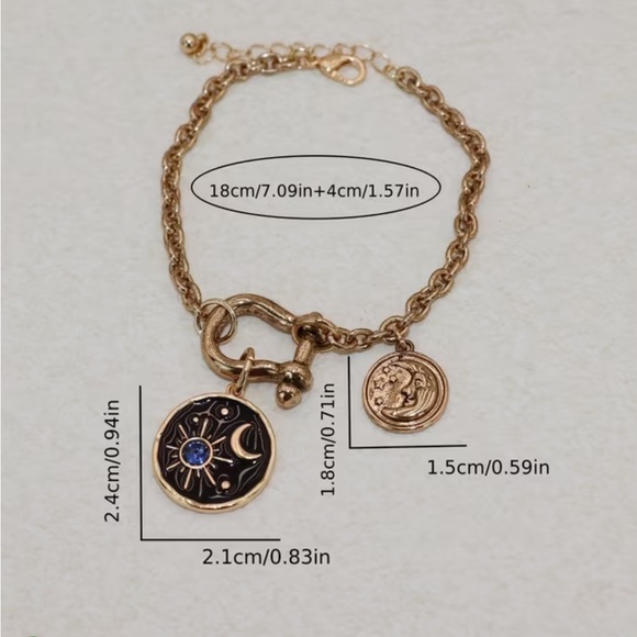 Gold and Blue Rhinestone Star Crescent Toggle Moon Pendant Necklace Bracelet Set - Picture 4 of 10